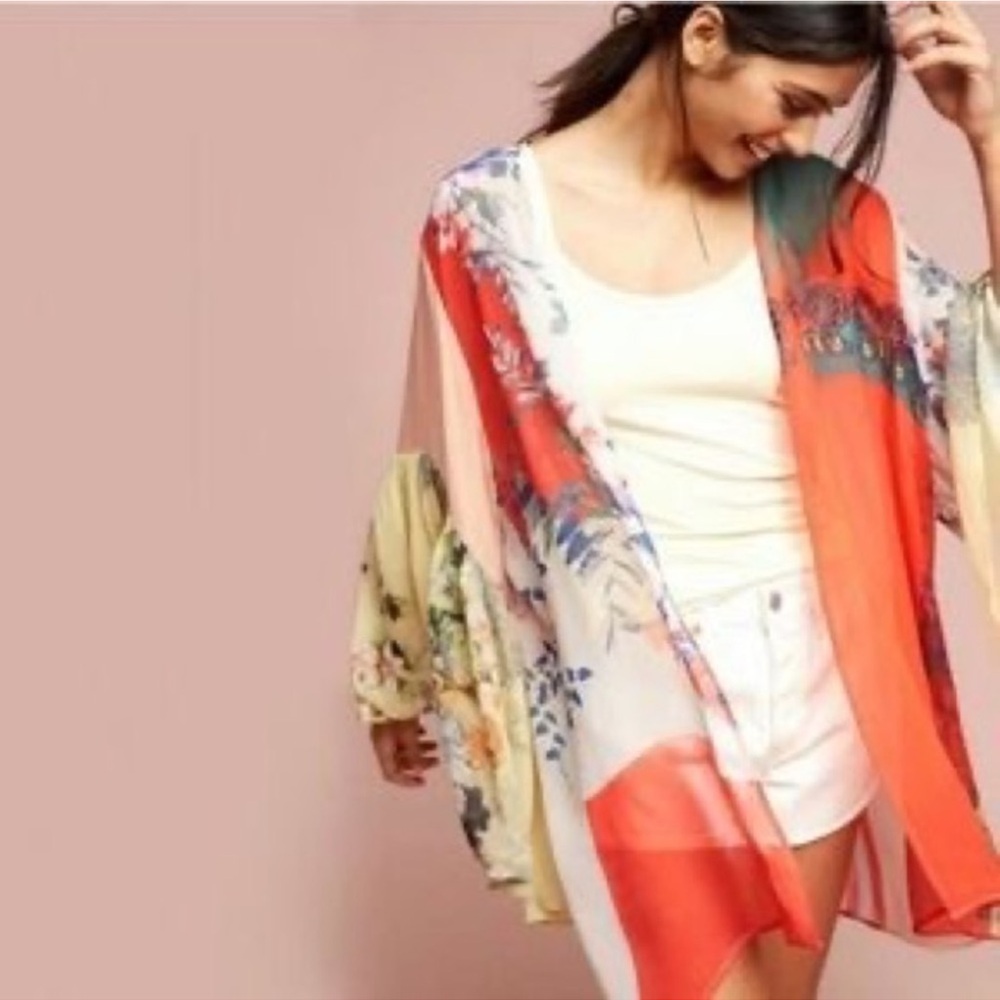 EC Anthropologie Georgette ruffle sleeve kimono/cover up